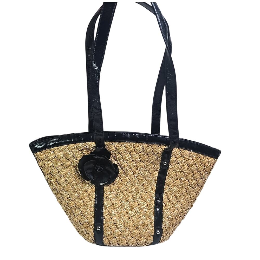 Coldwater Creek Straw Bucket Bag With Pouch and Faux Leather Rose Travel Beach